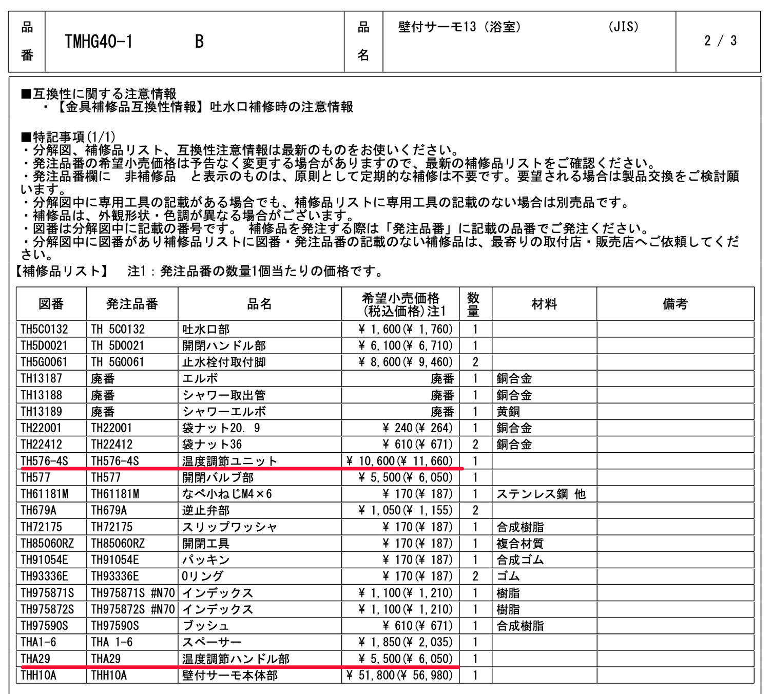 分解図の補修品リスト:TMHG40-1B